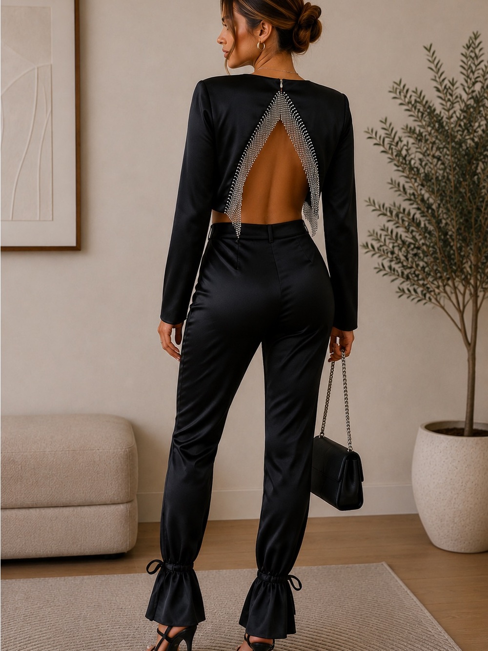 Zara Black Women's Satin High-Waist Pants & Cropped Blouse with Open Back Set